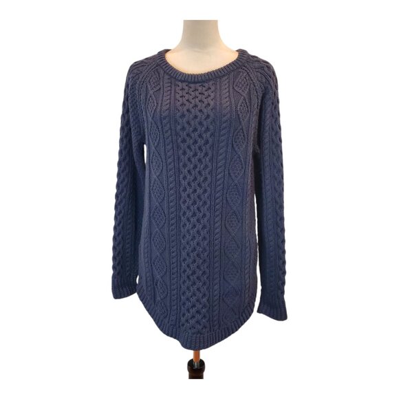 LL BEAN Signature SZ M Women Cotton Cable Knit Tunic Fishermans Sweater in Navy - Picture 1 of 9